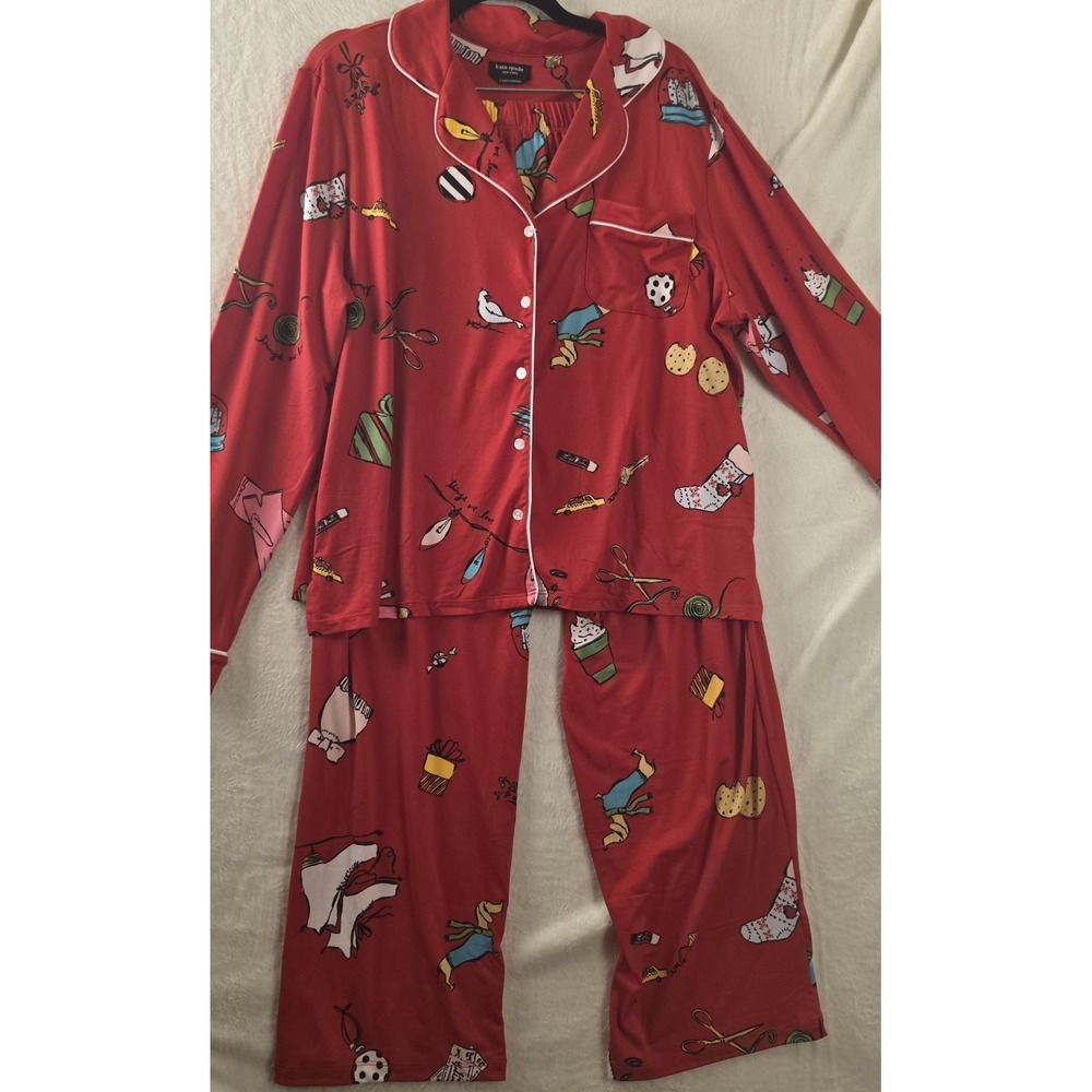 Kate Spade New York Things We Love Pajama Set Womens L Red Holiday Novelty